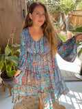 Silk Maxi dress with bell sleeves and buttons (blue n red )