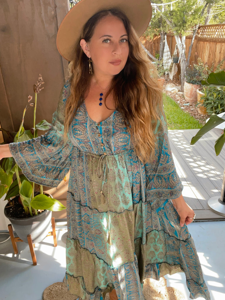 Silk Maxi dress with bell sleeves and buttons (Olive n blue ) | pinkandsilverfashion Silk Maxi dress with bell sleeves and buttons (Olive n blue ) | pinkandsilverfashion