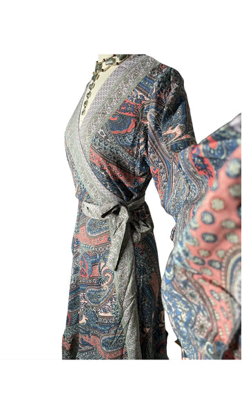 Silk adjustable wrap dress (blue w/ lilac trim)
