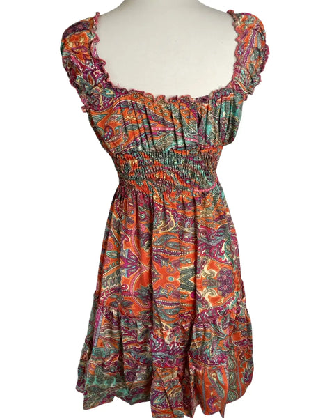 Short boho silk tiered dress (Orange -red)