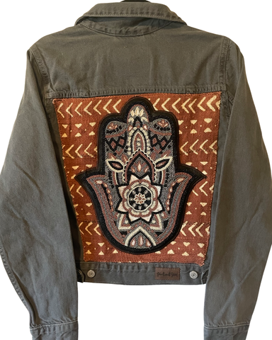 Gray Denim jacket with added hand beaded Hamsa on African Mud cloth (Small)