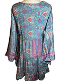Short Silk baby doll dress with bell sleeves n’ buttons (Blue -pink)