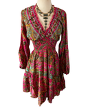 Short boho silk tiered dress w/ balloon sleeves (fuchsia)