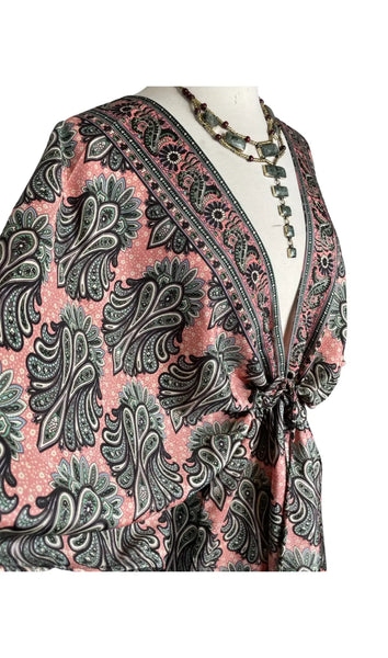 Silk kimono short  dress or tunic (Coral/Black)