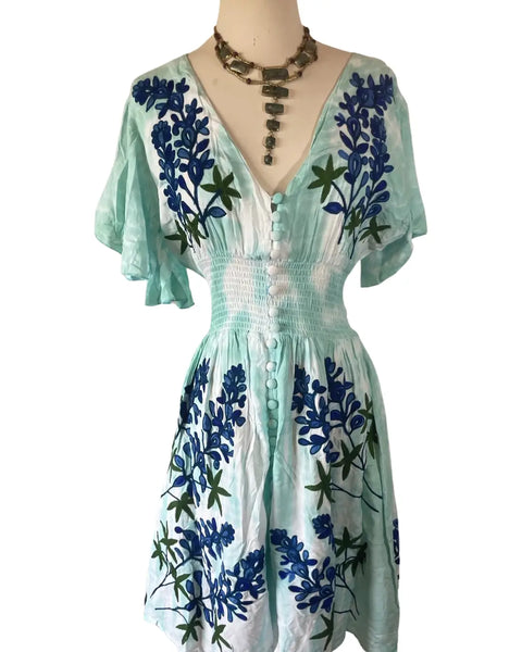 Tie dye embroidered blue bonnet dress