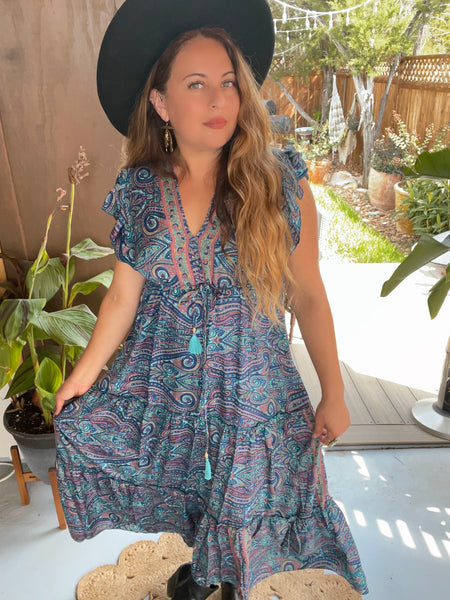 Tiered Bohemian Maxi Dress with drawstring waist (Navy)