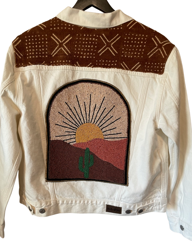 Hand Beaded Desert Dome White Denim Jacket w African Mud Cloth Large