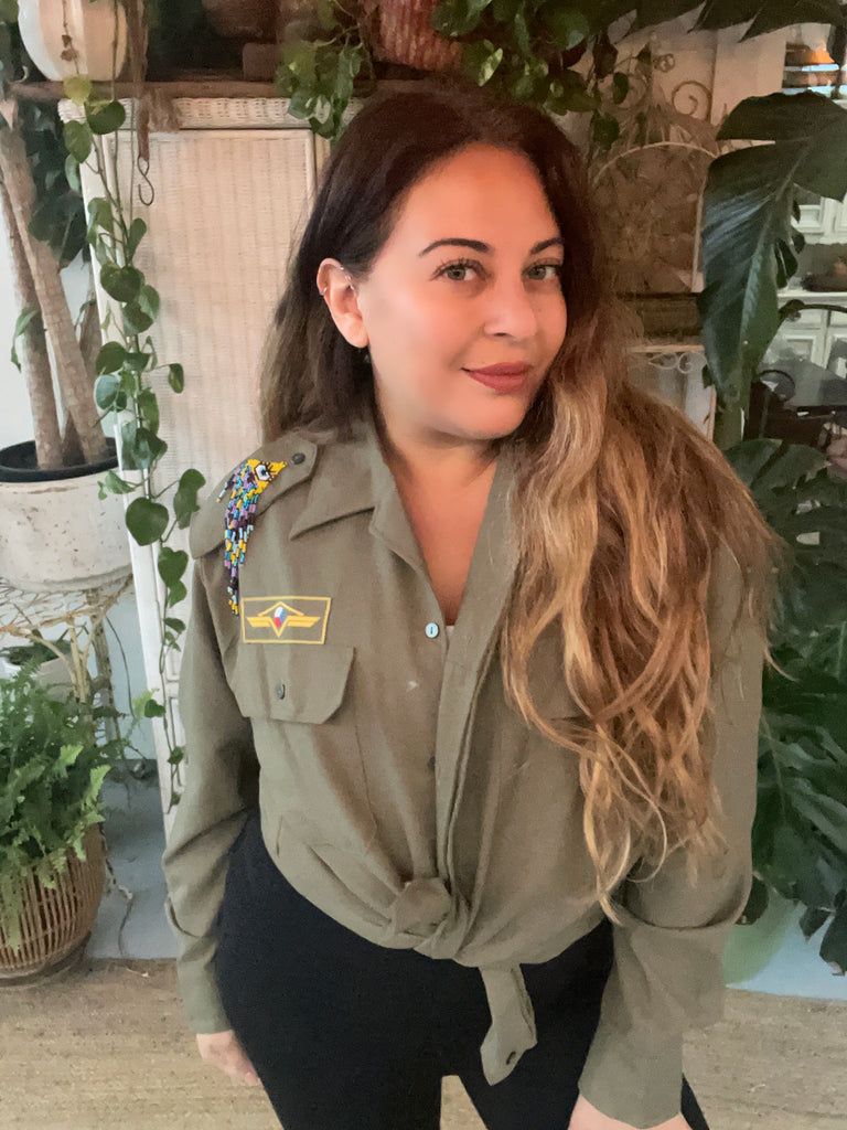 Military Shacket or utility shirt w embroidered Hamsa and evil
