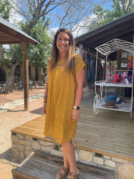 Embroidered Shift Midi dress (Mustard )