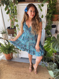Short boho silk tiered dress (Shades of blue )