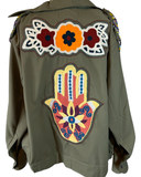 Military Shacket or utility shirt w/ embroidered Hamsa and evil eye