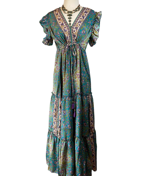 Tiered Bohemian Maxi Dress with drawstring waist (Ombré blue)