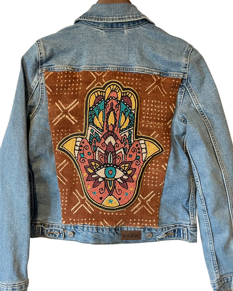 Hand beaded Hamsa with Rust African Mud cloth denim jacket (MED WASH)