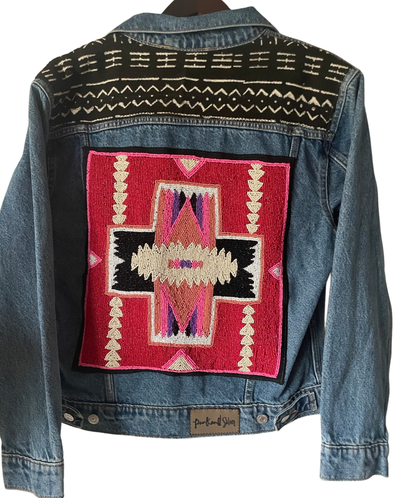 Hand Beaded Southwest inspired motif denim jacket African Mud Cloth (Med  Wash)