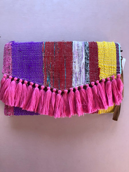 Handwoven Pink Tassels Clutch