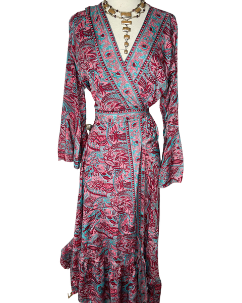 Silk adjustable wrap dress (red & turquoise)
