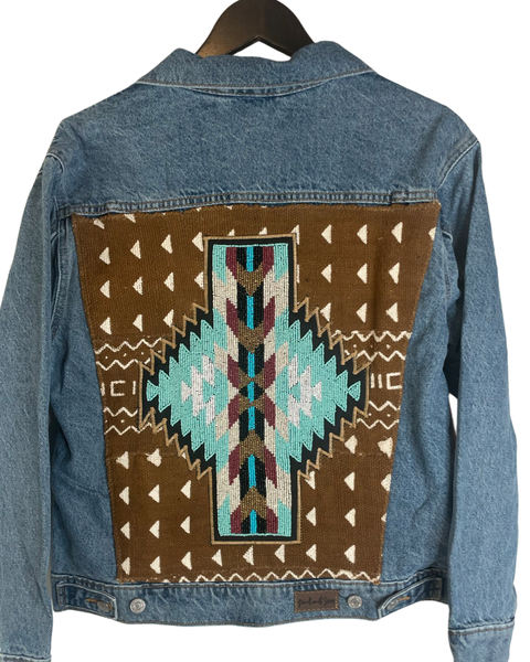 Denim jacket with added hand beaded Southwest design on African Mud cloth
