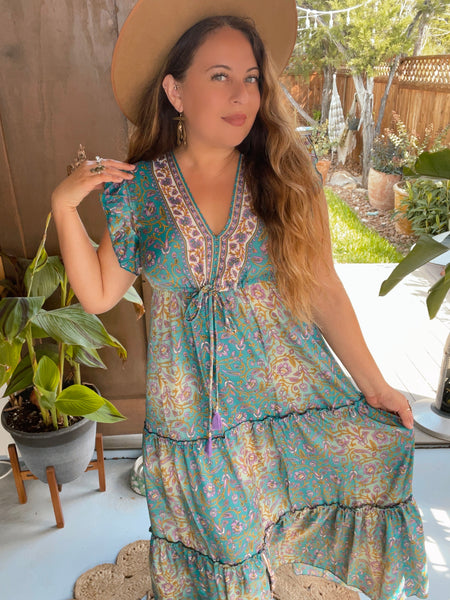 Tiered Bohemian Maxi Dress with drawstring waist (Ombré blue)