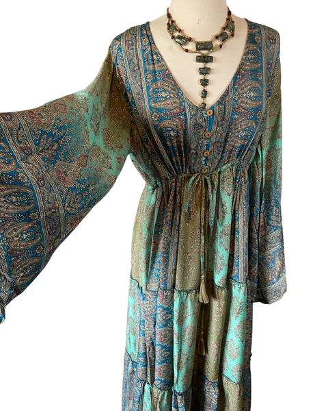 Silk Maxi dress with bell sleeves and buttons (Olive n blue )