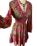 Short boho silk tiered dress w/ balloon sleeves (fuchsia)