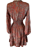 Short boho silk tiered dress w/ balloon sleeves (orange-gray)