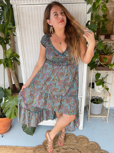 High and low Silk dress ( blue /Green )