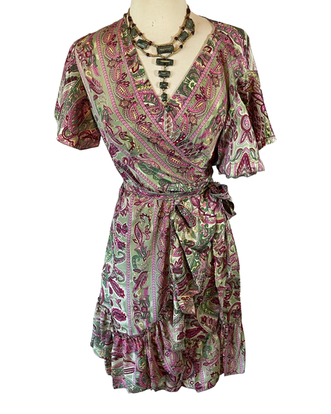 Silk Short Kimono Wrap dress (Green)