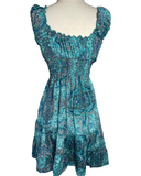 Short boho silk tiered dress (Blue/gold )