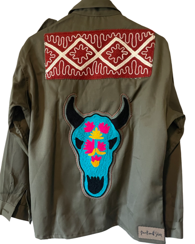 Military jacket with embroidered chain stitch cow skull