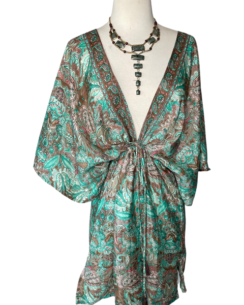 Silk kimono short  dress or tunic (Green turquoise)