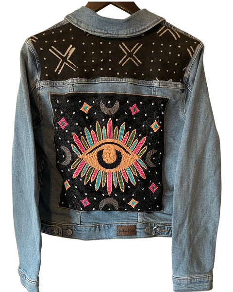 Bohemian night sky evil eye beaded denim jacket