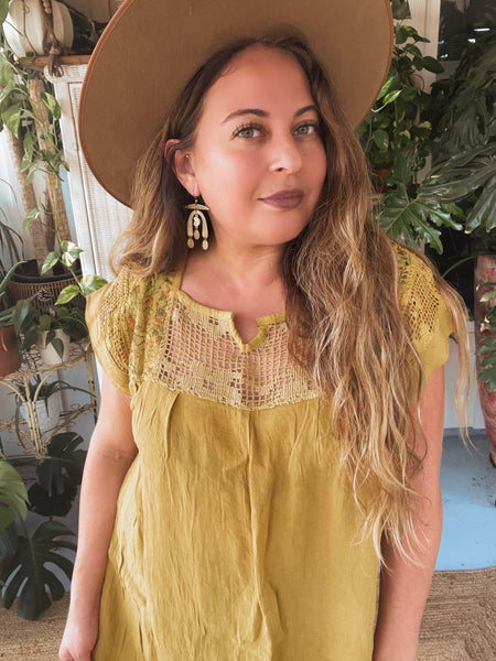 Embroidered Shift Midi dress (Mustard )