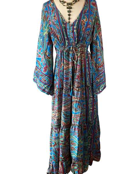 Silk Maxi dress with bell sleeves and buttons (blue n red )