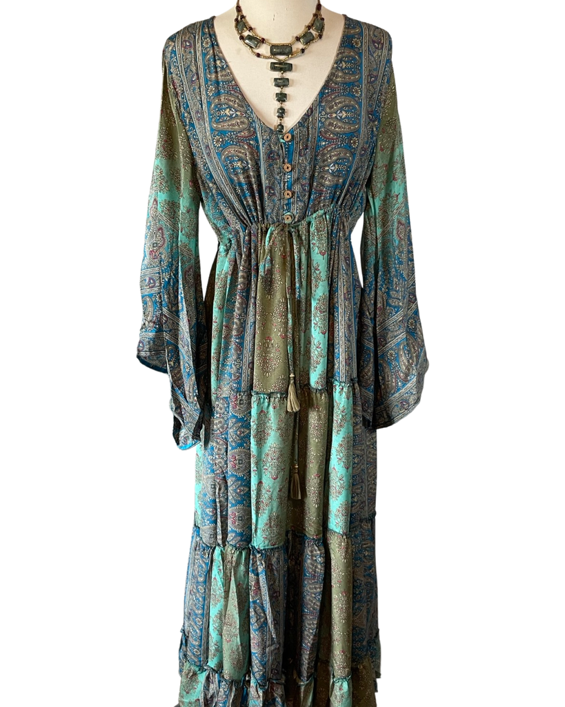 Silk Maxi dress with bell sleeves and buttons (Olive n blue ) | pinkandsilverfashion Silk Maxi dress with bell sleeves and buttons (Olive n blue ) | pinkandsilverfashion