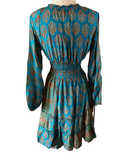 Short boho silk tiered dress w/ balloon sleeves (blue n green)
