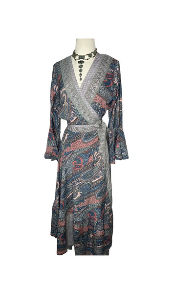 Silk adjustable wrap dress (blue w/ lilac trim)