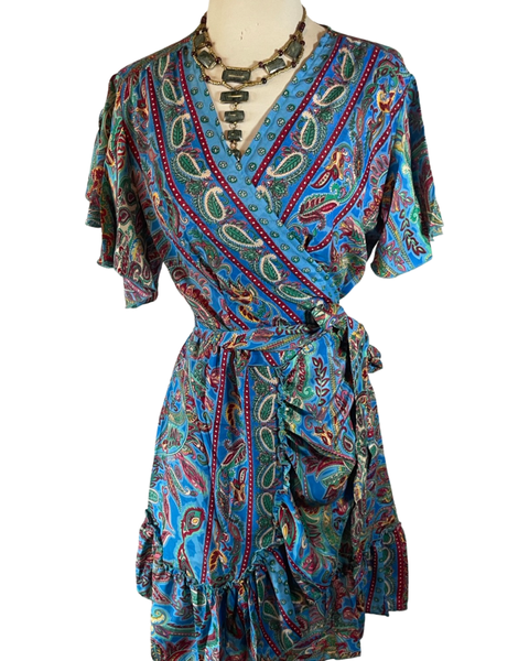 Silk Short Kimono Wrap dress (Blue/green)
