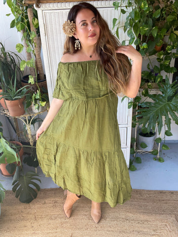Cotton Gauze off the shoulder dress (Olive)