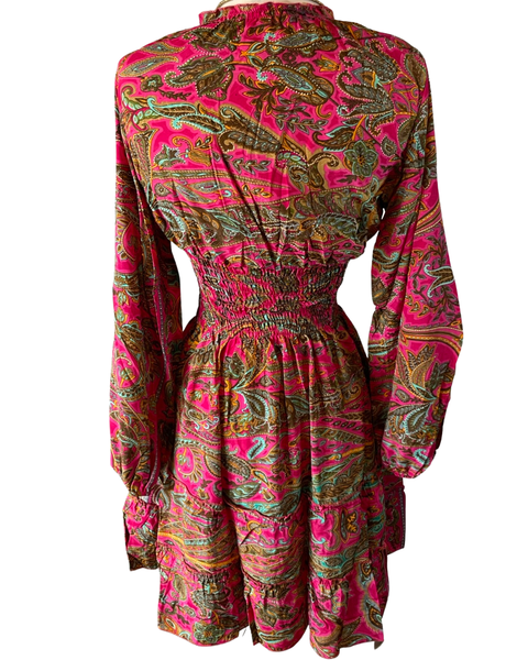 Short boho silk tiered dress w/ balloon sleeves (fuchsia)