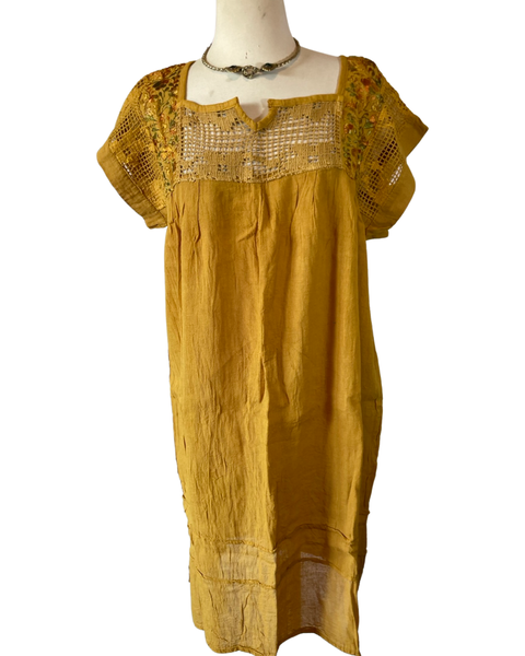 Embroidered Shift Midi dress (Mustard )