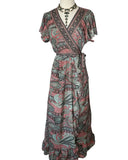 Silk adjustable ruffle wrap dress (gray n coral)