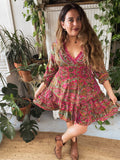 Short boho silk tiered dress w/ balloon sleeves (fuchsia)