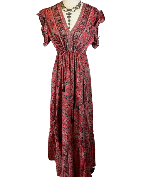 Tiered Bohemian Maxi Dress with drawstring waist (Red/Black)