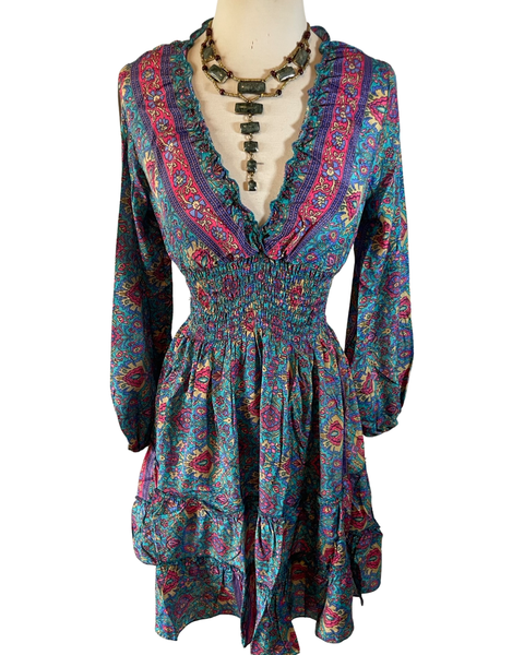 Short boho silk tiered dress w/ balloon sleeves (blue -pink)