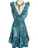 Short boho silk tiered dress (Blue/gold )