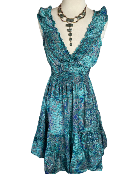 Short boho silk tiered dress (Blue/gold )