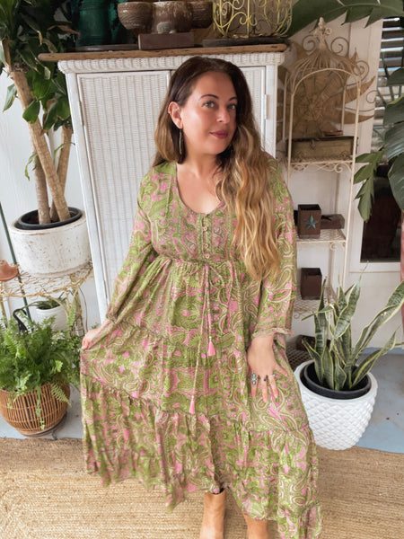 Silk Maxi dress with bell sleeves and buttons (Olive n pink)
